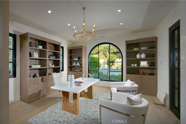 Chandelier, Home Office, Interior, Pendant Lights, Recessed Lighting, Wood Texture Flooring