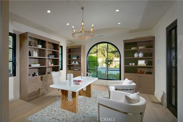 Chandelier, Home Office, Interior, Pendant Lights, Recessed Lighting, Wood Texture Flooring