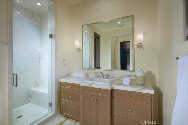 Bathroom, Glass Shower, Interior, Marble Walls, Recessed Lighting