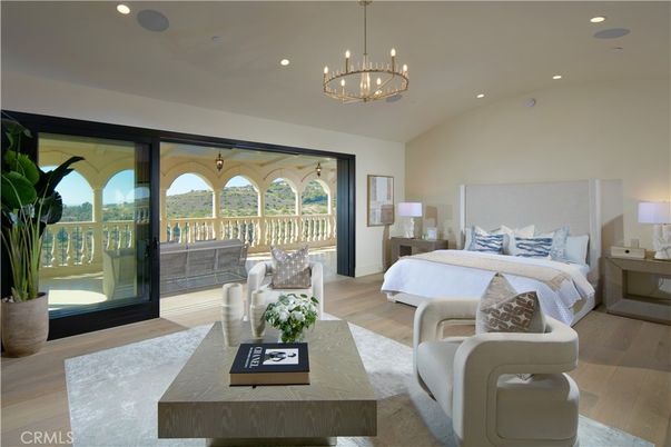 Bedroom, Chandelier, Interior, Pendant Lights, Recessed Lighting, Wood Texture Flooring