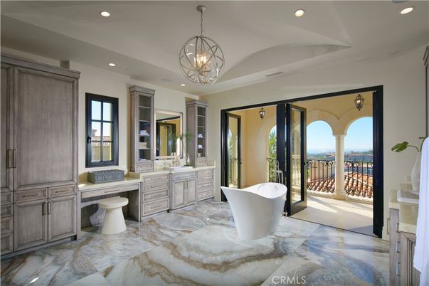 Bathroom, Chandelier, Free Standing Baths, Interior, Marble, Pendant Lights, Recessed Lighting