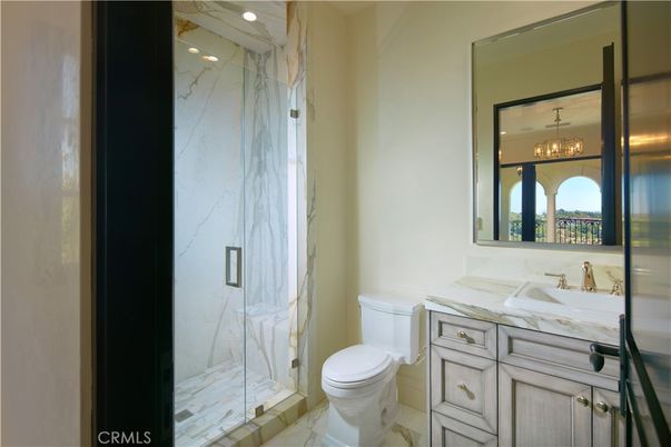 Bathroom, Glass Shower, Interior, Marble, Marble Walls, Recessed Lighting