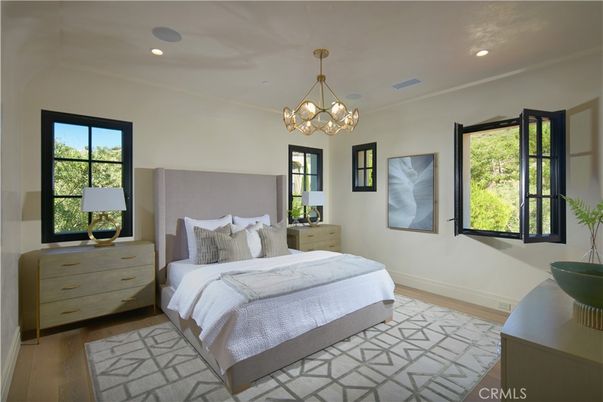Bedroom, Interior, Pendant Lights, Recessed Lighting, Wood Texture Flooring