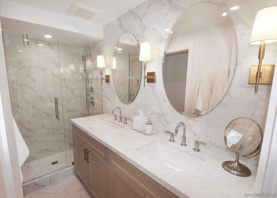 Bathroom, Dual Sink Vanities, Glass Shower, Interior, Marble, Marble Walls, Recessed Lighting