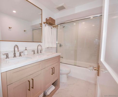 Bathroom, Dual Sink Vanities, Glass Shower, Interior, Marble, Recessed Lighting