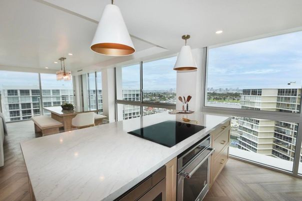 Dining room, Interior, Kitchen, Pendant Lights, Recessed Lighting, Water, Wood Texture Flooring