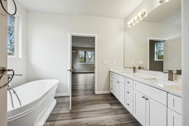 Bathroom, Dual Sink Vanities, Free Standing Baths, Interior, Wood Texture Flooring