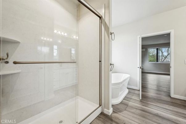 Bathroom, Glass Shower, Interior, Wood Texture Flooring