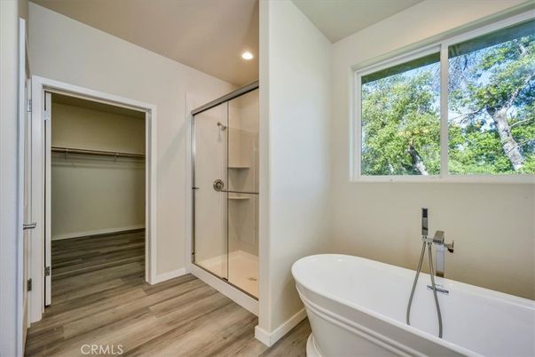 Bathroom, Free Standing Baths, Glass Shower, Interior, Recessed Lighting, Walk-in Closets, Wood Texture Flooring