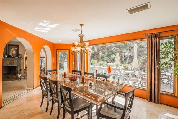 Chandelier, Dining room, Fireplace, Interior, Recessed Lighting