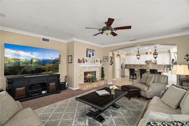 Fireplace, Interior, Kitchen, Living room, Pendant Lights, Recessed Lighting, Stainless Steel Appliances
