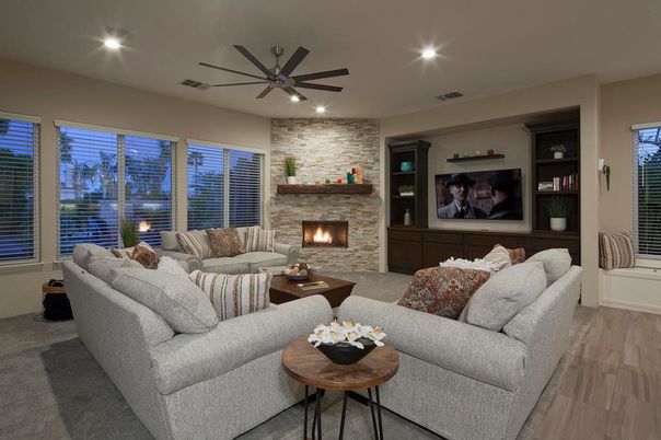 Fireplace, Interior, Living room, Recessed Lighting, Stone Walls, Wood Texture Flooring