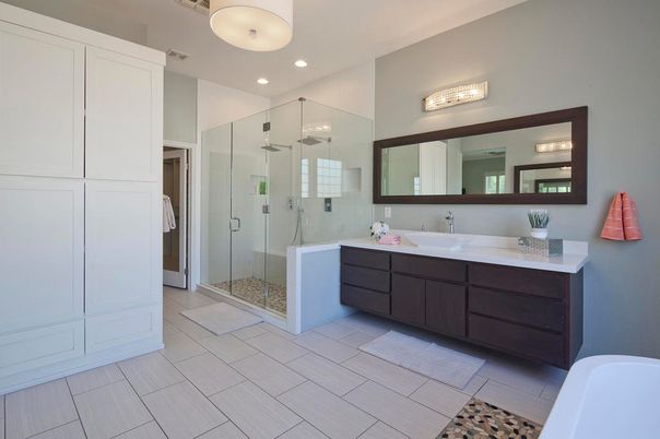 Bathroom, Dual Sink Vanities, Glass Shower, Interior, Recessed Lighting
