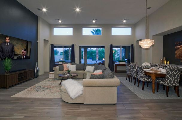Chandelier, Dining room, Interior, Living room, Pendant Lights, Recessed Lighting, Wood Texture Flooring