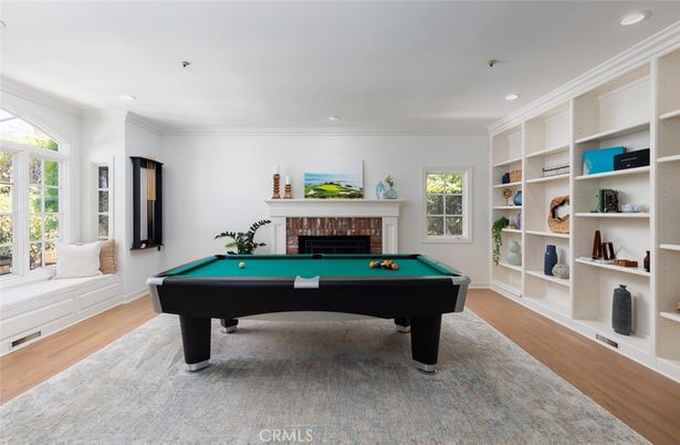 Billiard Table, Fireplace, Game Room, Interior, Recessed Lighting, Wood Texture Flooring
