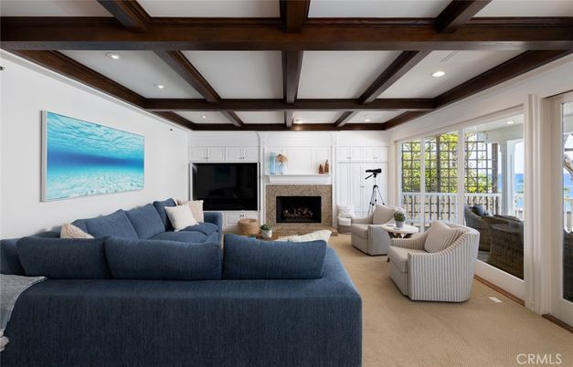 Fireplace, Interior, Living room, Recessed Lighting, Wooden Beams