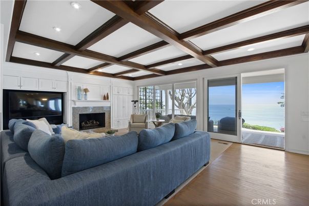 Fireplace, Interior, Living room, Recessed Lighting, Water, Wooden Beams, Wood Texture Flooring