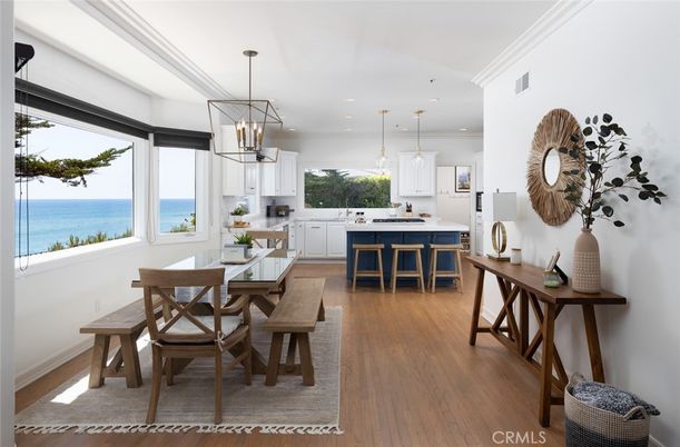 Dining room, Interior, Kitchen, Pendant Lights, Recessed Lighting, Water, Wood Texture Flooring