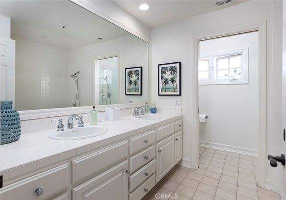 Bathroom, Dual Sink Vanities, Interior, Recessed Lighting, Tile Countertops