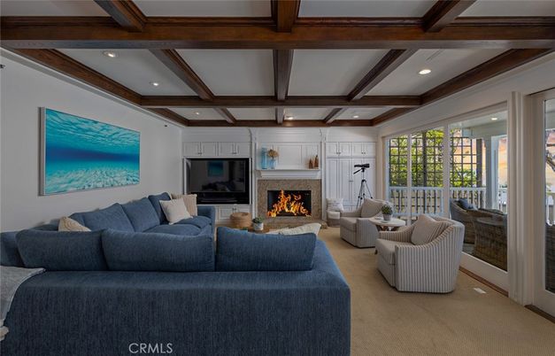 Fireplace, Interior, Living room, Recessed Lighting, Wooden Beams