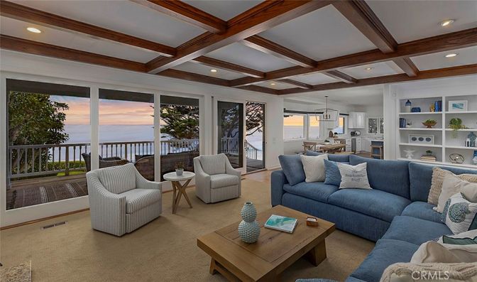 Dining room, Interior, Living room, Pendant Lights, Recessed Lighting, Water, Wooden Beams