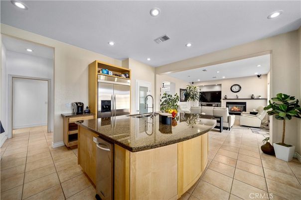 Fireplace, Interior, Kitchen, Living room, Recessed Lighting, Stainless Steel Appliances