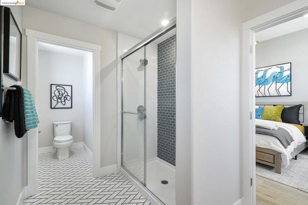 Bathroom, Bedroom, Glass Shower, Interior, Recessed Lighting, Wood Texture Flooring