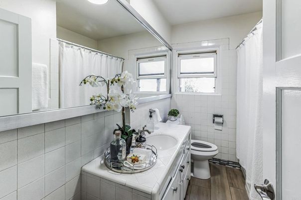 Bathroom, Dual Sink Vanities, Interior, Tile Countertops, Wood Texture Flooring