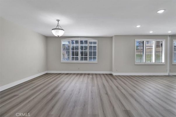 Empty room, Interior, Pendant Lights, Recessed Lighting, Wood Texture Flooring