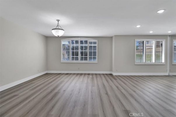 Empty room, Interior, Pendant Lights, Recessed Lighting, Wood Texture Flooring