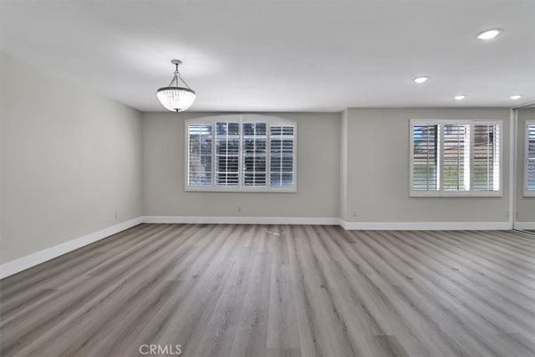 Empty room, Interior, Pendant Lights, Recessed Lighting, Wood Texture Flooring