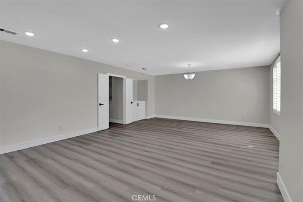 Chandelier, Empty room, Interior, Recessed Lighting, Wood Texture Flooring