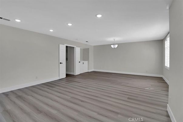 Chandelier, Empty room, Interior, Recessed Lighting, Wood Texture Flooring