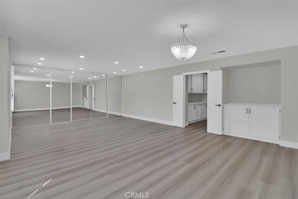 Chandelier, Empty room, Interior, Pendant Lights, Recessed Lighting, Wood Texture Flooring