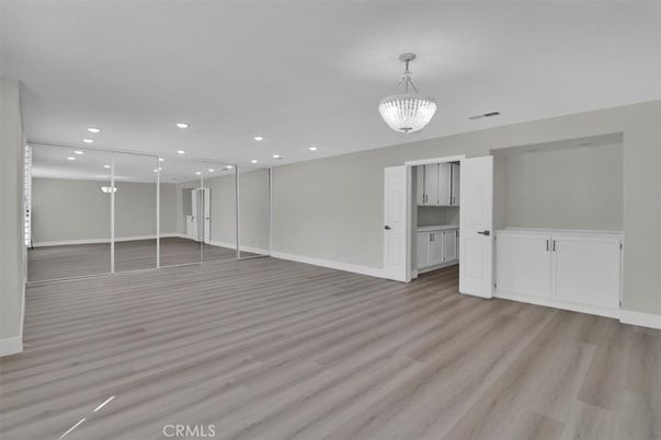 Chandelier, Empty room, Interior, Pendant Lights, Recessed Lighting, Wood Texture Flooring