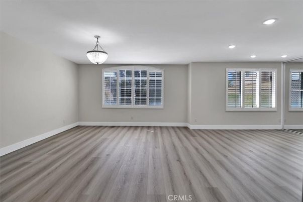 Empty room, Interior, Pendant Lights, Recessed Lighting, Wood Texture Flooring