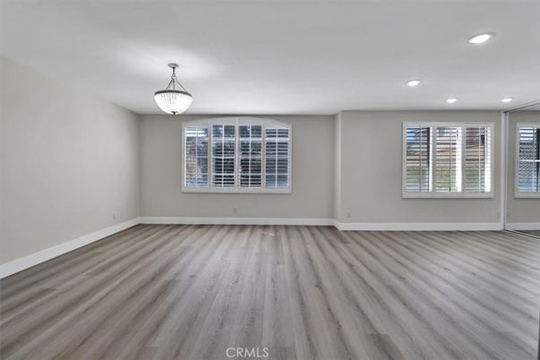 Empty room, Interior, Pendant Lights, Recessed Lighting, Wood Texture Flooring