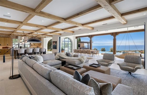 Dining room, Interior, Living room, Pendant Lights, Recessed Lighting, Water, Wooden Beams
