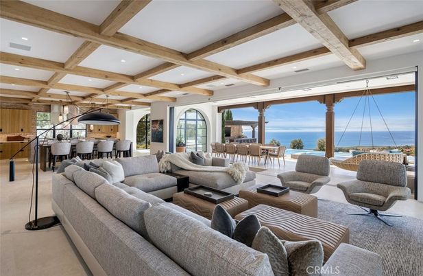 Dining room, Interior, Living room, Pendant Lights, Recessed Lighting, Water, Wooden Beams