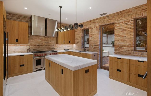 Interior, Kitchen, Pendant Lights, Recessed Lighting, Stainless Steel Appliances, Stone Walls