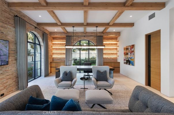 Interior, Living room, Recessed Lighting, Stone Walls, Wooden Beams
