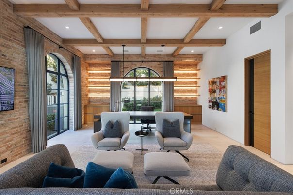 Interior, Living room, Recessed Lighting, Stone Walls, Wooden Beams