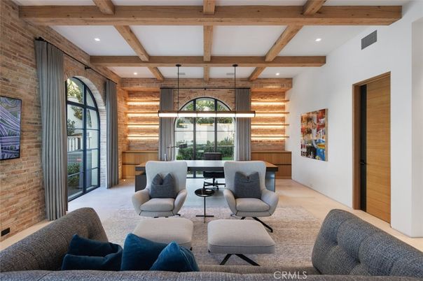 Interior, Living room, Recessed Lighting, Stone Walls, Wooden Beams