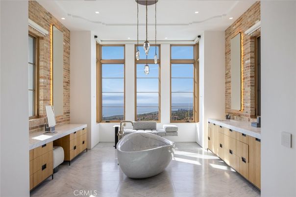 Bathroom, Dual Sink Vanities, Free Standing Baths, Interior, Pendant Lights, Recessed Lighting, Water
