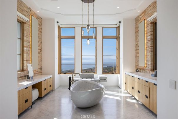 Bathroom, Dual Sink Vanities, Free Standing Baths, Interior, Pendant Lights, Recessed Lighting, Water