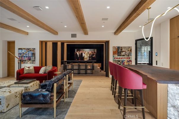 Interior, Living room, Pendant Lights, Recessed Lighting, Wooden Beams, Wood Texture Flooring