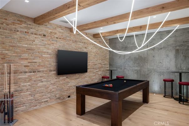 Billiard Table, Game Room, Interior, Recessed Lighting, Stone Walls, Wooden Beams, Wood Texture Flooring
