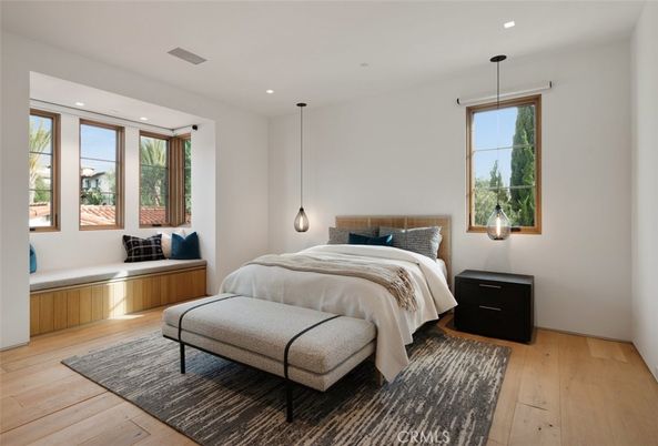 Bedroom, Interior, Pendant Lights, Recessed Lighting, Wood Texture Flooring