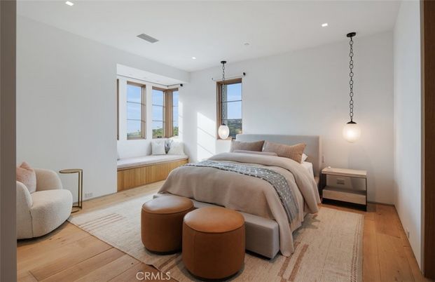 Bedroom, Interior, Pendant Lights, Recessed Lighting, Wood Texture Flooring