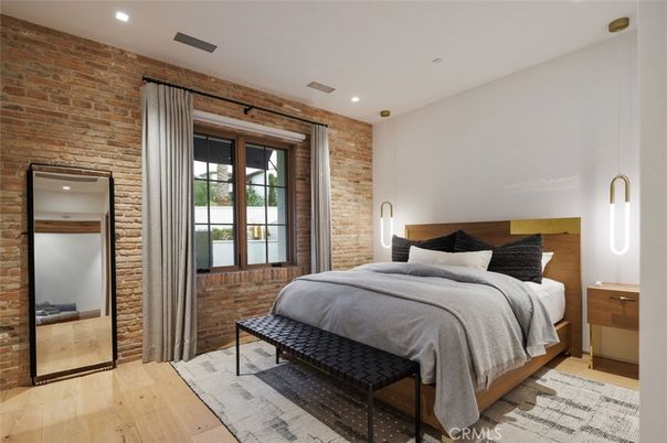 Bedroom, Interior, Recessed Lighting, Stone Walls, Wood Texture Flooring